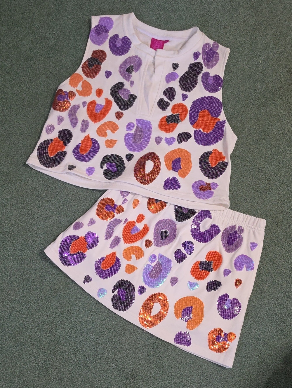 QUEEN OF SPARKLES White Sequin Leopard Tank & Skirt Set in Purple and Orange